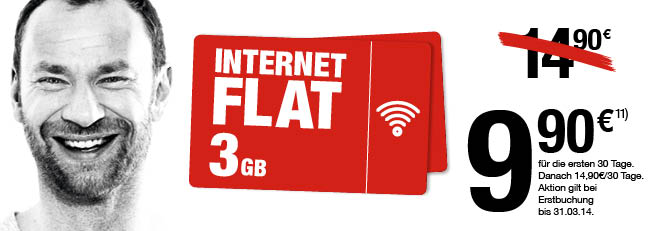 Internet Flat mit 3 GB Highspeedvolumen für 9,90 in die ersten 30 Tagen