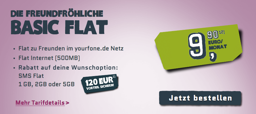 Basic Flat Tarif für 9 Euro bei yourfone
